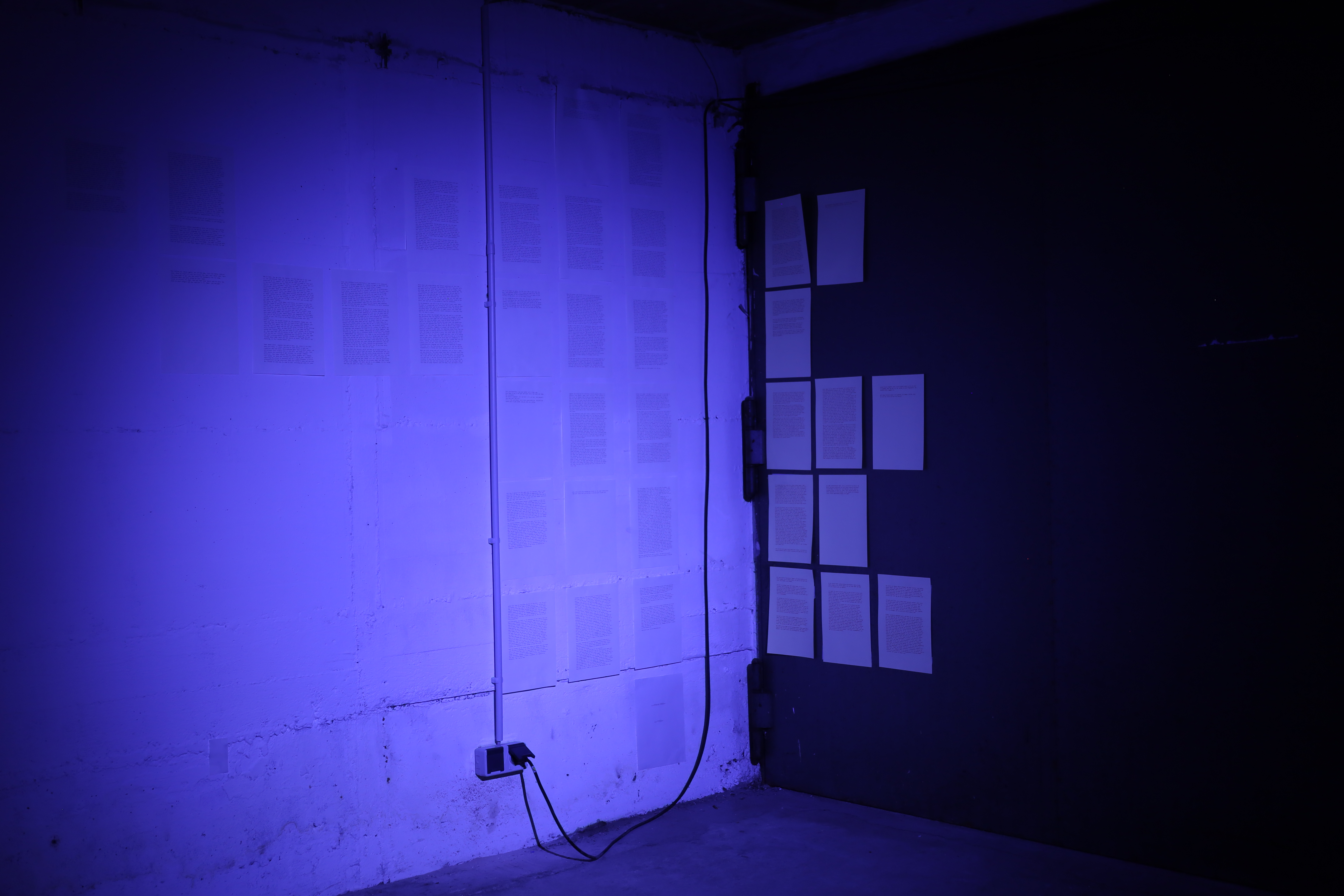 Corner of a the same underground space shown in the previous pic. A soft blue light acts as a spotlight on the otherwise dark room. The left wall is white, the right one is dark. The left one has a number of pages, arranged in rows that continue on the other wall. The right wall showcases less pages than the other.