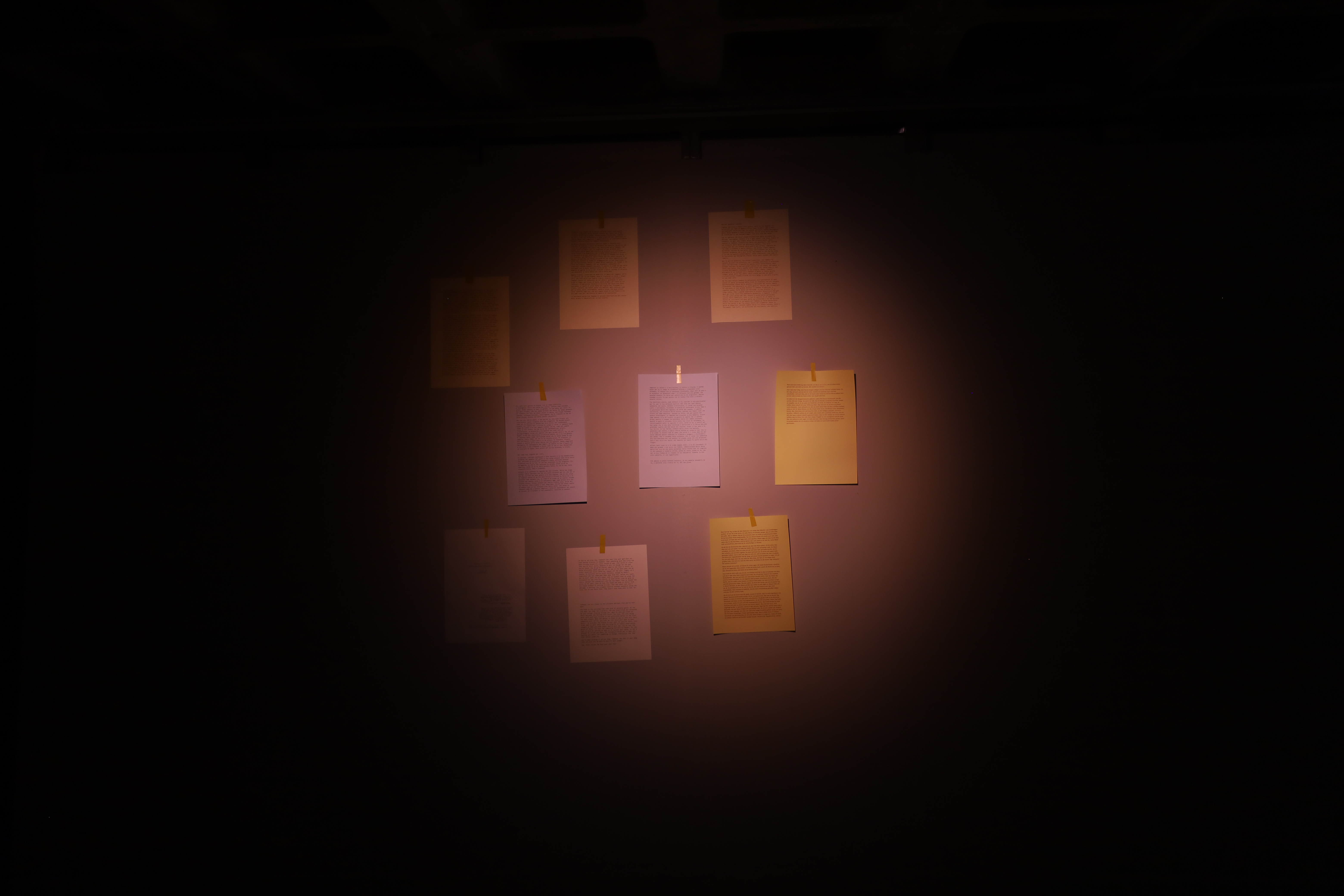 A dark wall with a singular, soft orange spotlight. On it, pages are hung, in and out of the surrounding dark.